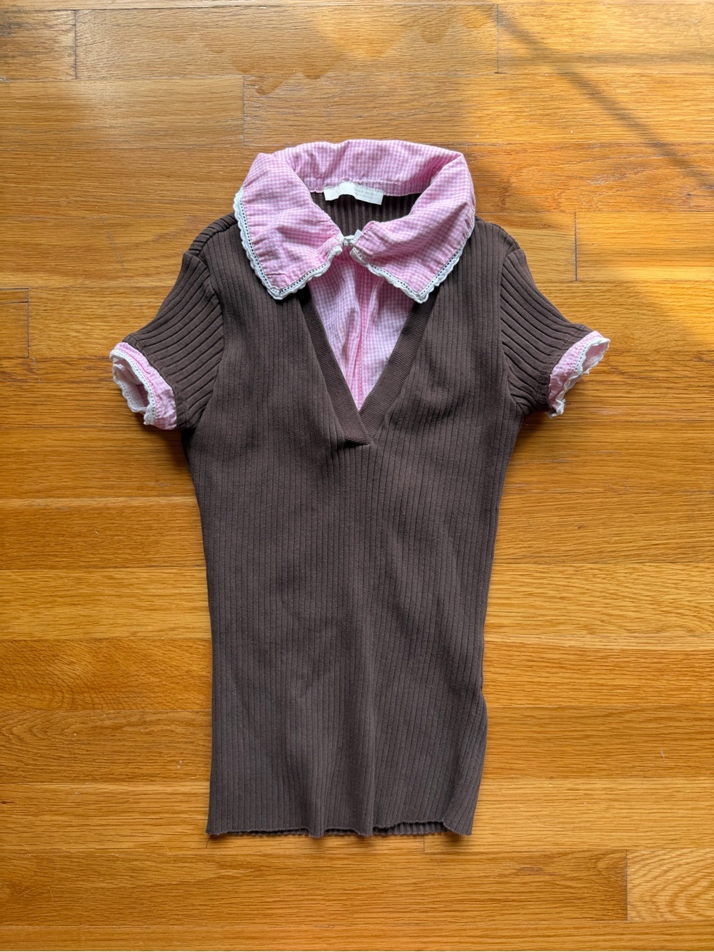 Zara Brown Ribbed Polo Collar Top with Pink Gingham - Size Small